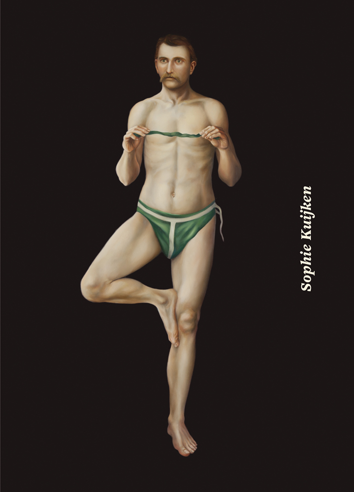 Full-length portrait painting of male wearing green underpants, standing on one leg, on black cover of 'Sophie Kuijken', by Lannoo Publishers.