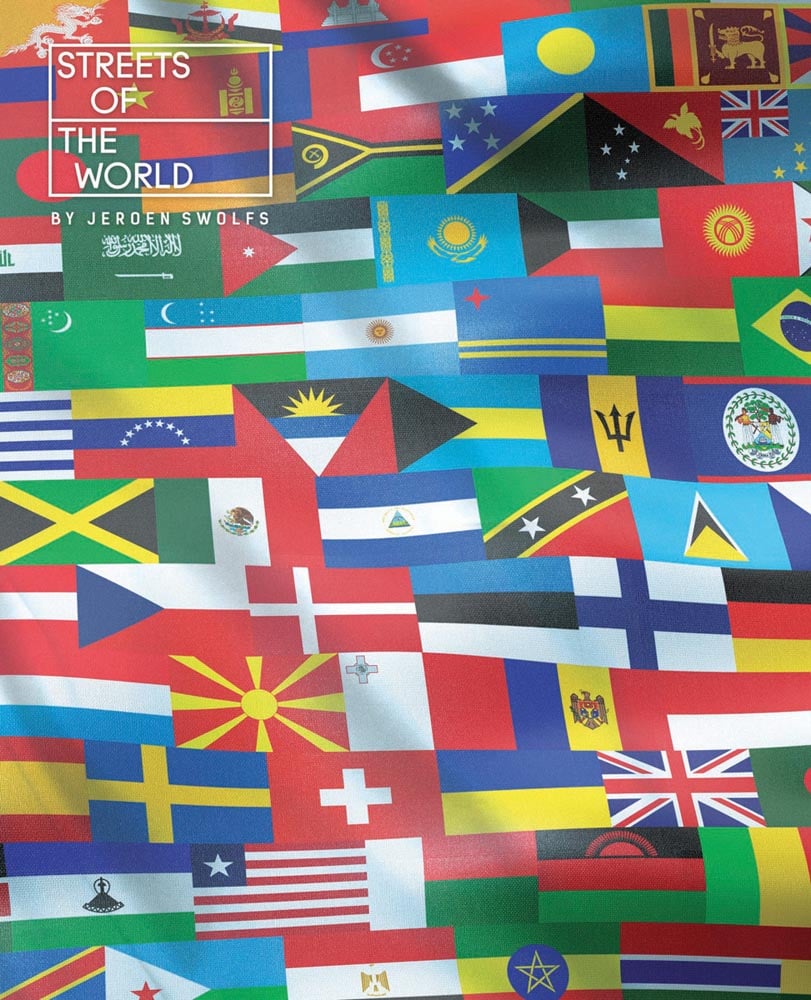 Montage of the world's country flags, on cover of 'Streets of the World', by Lannoo Publishers.