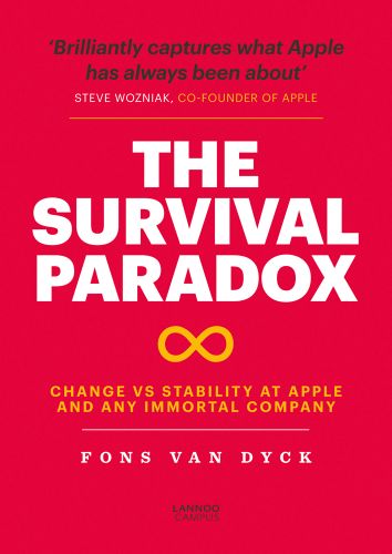 Red cover of 'The Survival Paradox, Change vs Stability at Apple and any Immortal Company', by Lannoo Publishers.