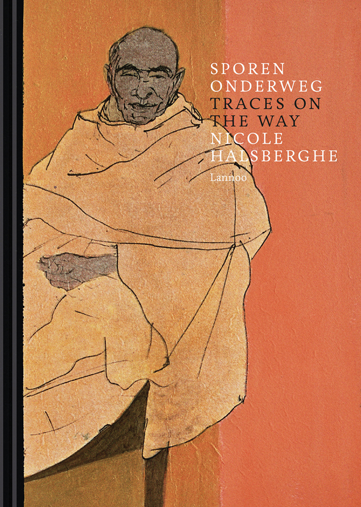 Seated figure of Japanese man in beige robe, on cover of 'Traces on the Way', by Lannoo Publishers.