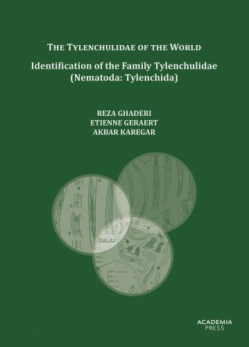 Dark green cover with 3 white microscope circles on cover of 'The Tylenchulidae of the World, Identification of the Family Tylenchulidae (Nematoda: Tylenchida)', by Lannoo Publishers.