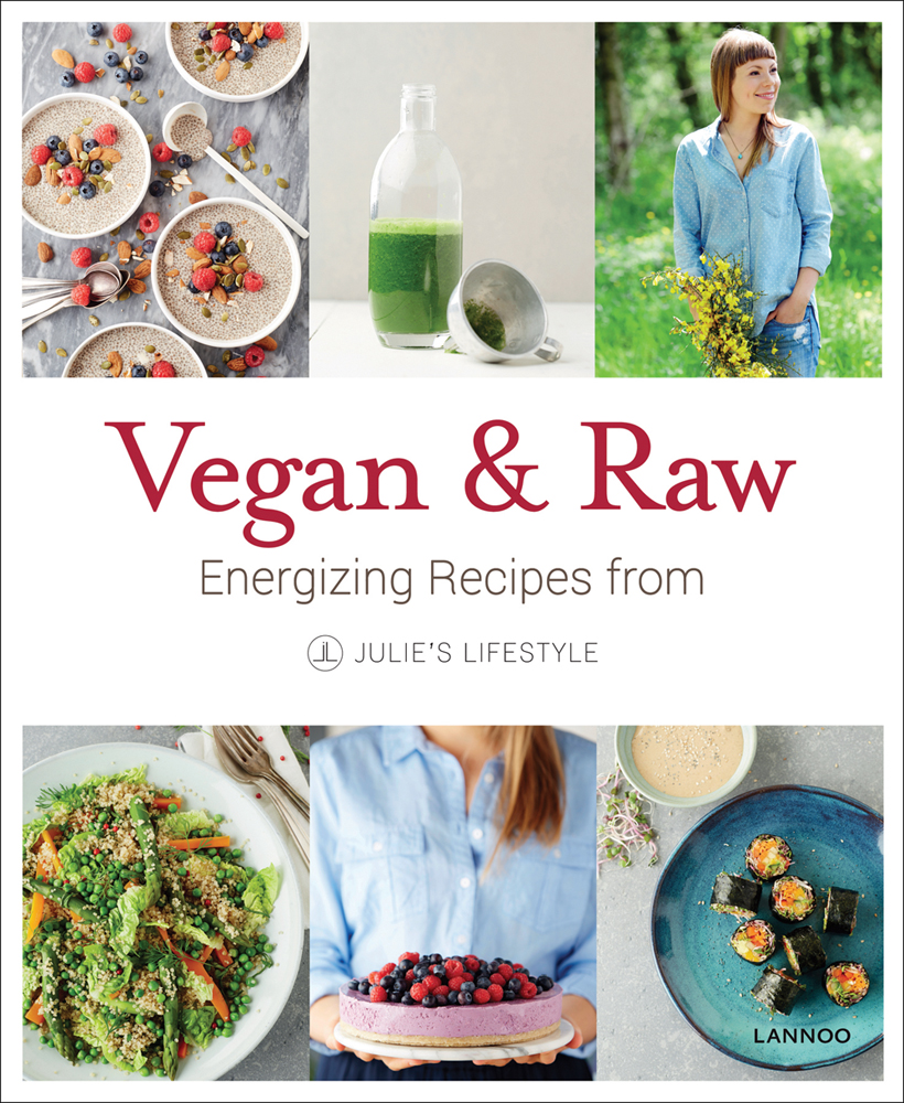 Sushi rolls on plate, green bean and pea salad, on cover of 'Vegan and Raw, Energizing Recipes from Julie's Lifestyle', Lannoo Publishers.