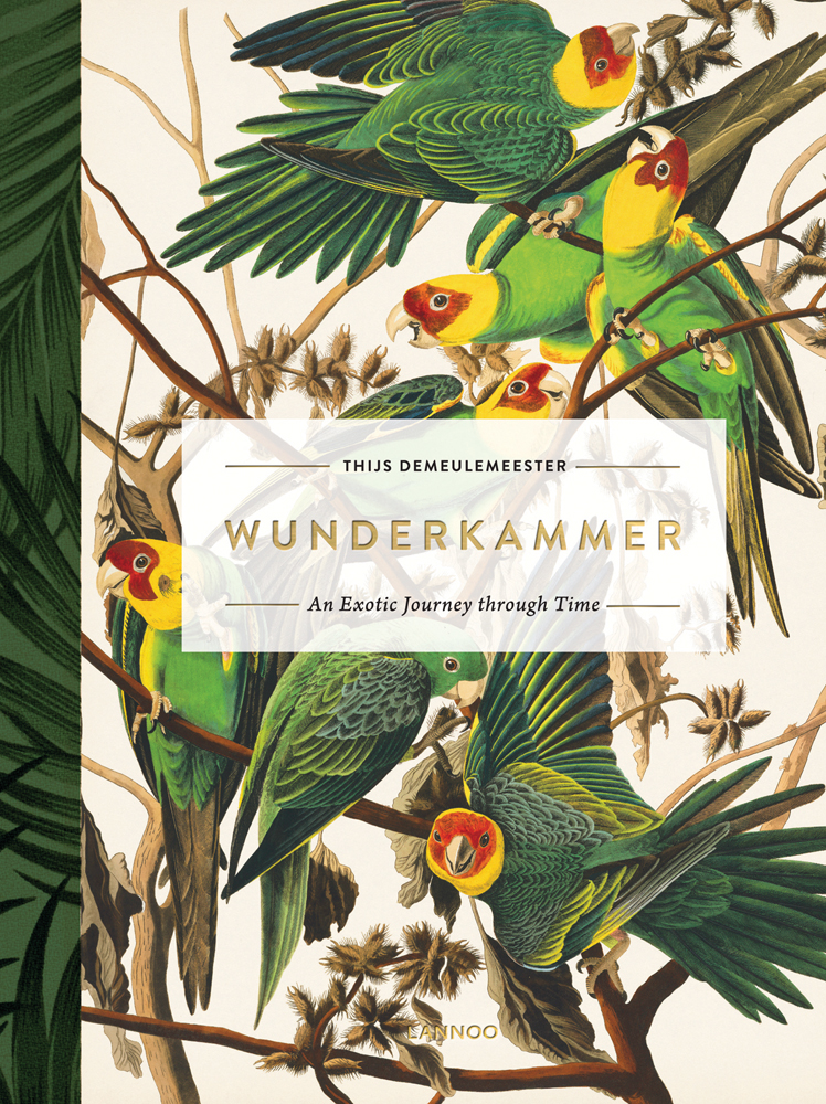 Exotic wallpaper design 'Carolina Parakeet', birds on tree branches, on cover of 'Wunderkammer, An Exotic Journey Through Time', by Lannoo Publishers.