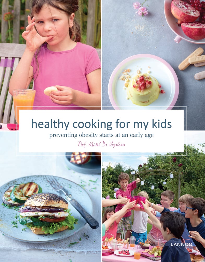Group of children gathered around an outside table of food, burger on a plate, on cover of 'Healthy Cooking for My Kids, Preventing Obesity Starts at an Early Age', by Lannoo Publishers.