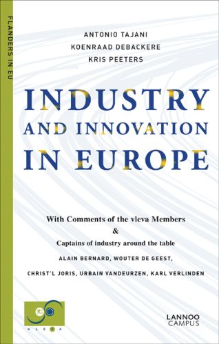 White cover with pale blue curved lines on 'Industry and Innovation in Europe', by Lannoo Publishers.