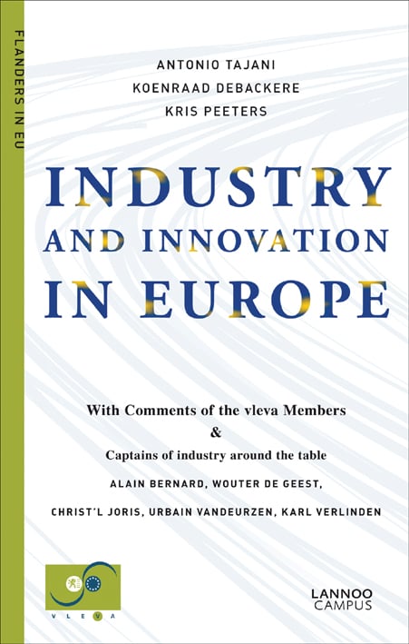 White cover with pale blue curved lines on 'Industry and Innovation in Europe', by Lannoo Publishers.