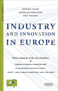 White cover with pale blue curved lines on 'Industry and Innovation in Europe', by Lannoo Publishers.