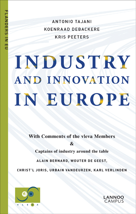 White cover with pale blue curved lines on 'Industry and Innovation in Europe', by Lannoo Publishers.