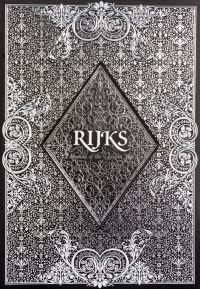 Highly decorative black and white leaf and scroll pattern on cover of 'Rijks, Masters of the Golden Age', by Lannoo Publishers.