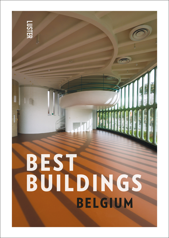 Curved architecture interior, terracotta floor, on white cover of 'Best Buildings Belgium', by Luster Publishing.