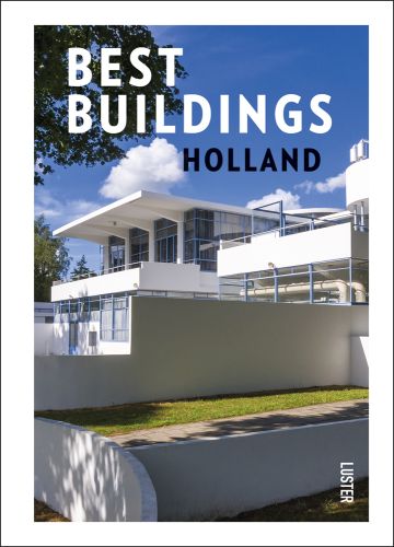 White flat roof modern building, white border, BEST BUILDINGS HOLLAND in white and black font above.