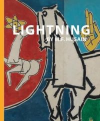 Book cover of Lightning by M.F. Husain, with detail of a painting featuring a white horse. Published by Mapin Publishing.