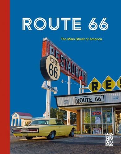 American restaurant on Route 66, yellow car parked out front, blue sky, ROUTE 66 in double lined white font above