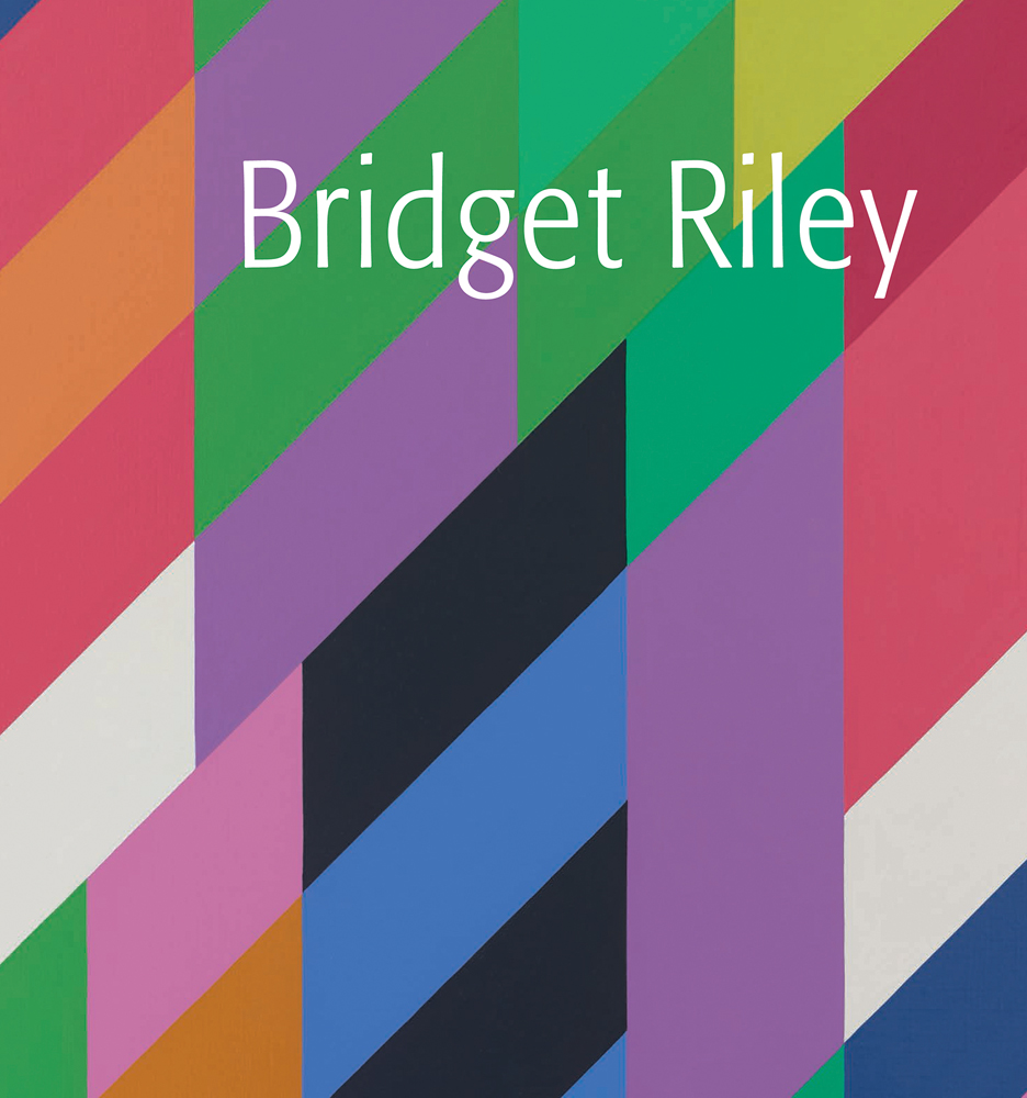 Multicoloured geometric painting of diamond shapes, Bridget Riley in white font to upper edge.