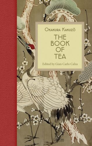 Oriental white stork, with white blossom on trees, brown cover, Book of Tea in gold font on cream square