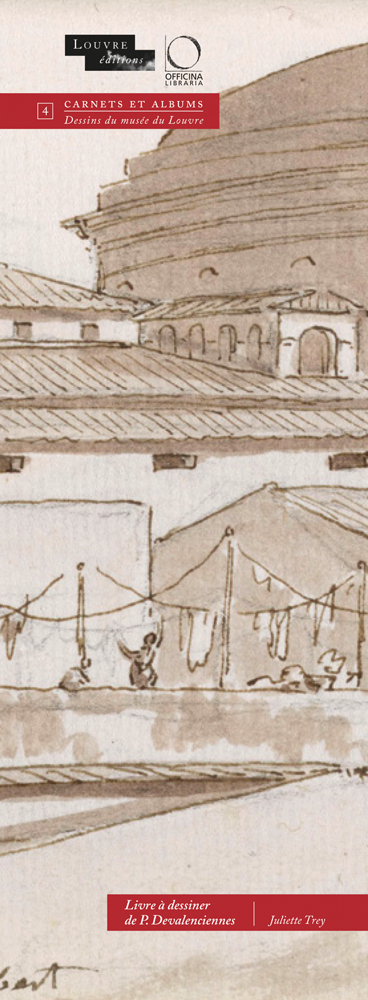Sketch of buildings on Rome, Livre a dessiner de P. De Valenciennes in white font on bottom red banner
