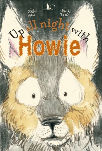 Startled wolf cub with eyes wide open, Up All Night with Howie in black, and brown font above.