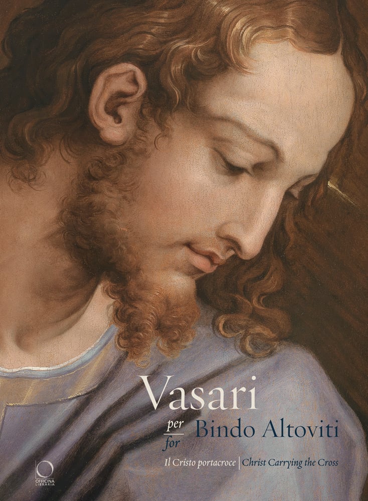Close up painting, Christ Carrying the Cross, Cristo Portacroce by Vasari, Christ looking down, Vasari for Bindo Altoviti in white and blue font to lower right