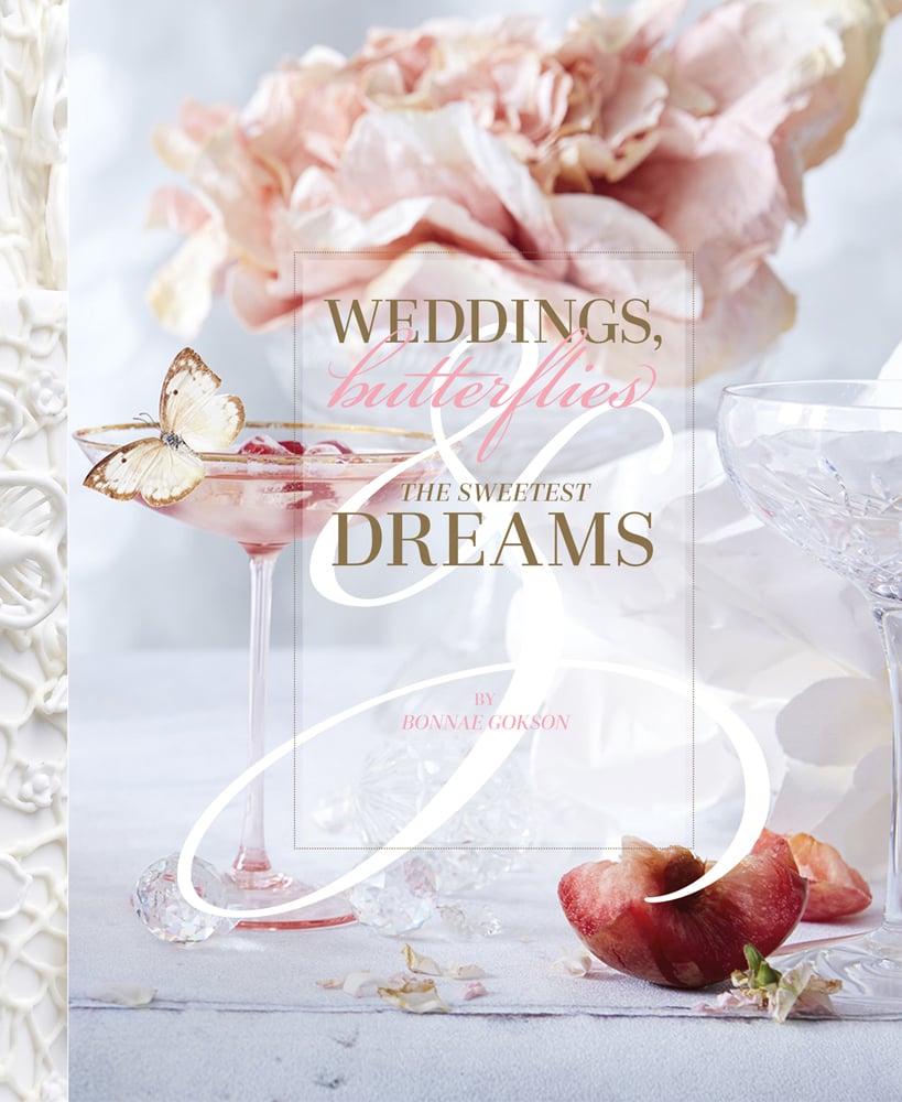 Pink flower in vase, pink champagne in glass, gold butterfly decoration to edge, Weddings, Butterflies & The Sweetest Dreams in bronze and pink font to transparent centre banner