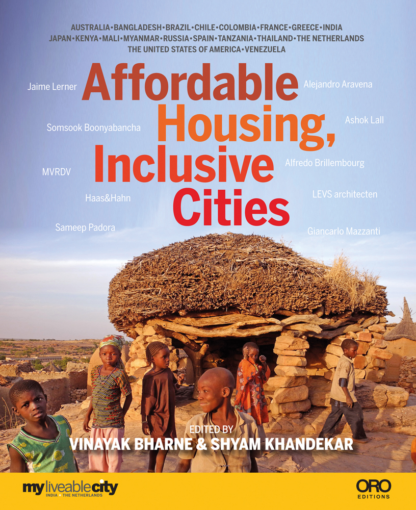 Book cover of Affordable Housing Inclusive Cities, with an African village with a stone and straw hut, and group of children. Published by ORO Editions.