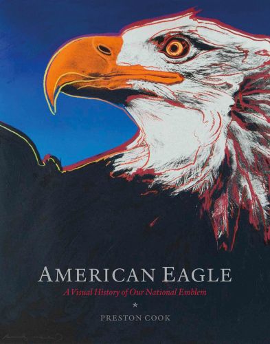Close up of American bald eagle, orange beak, AMERICAN EAGLE in silver font below