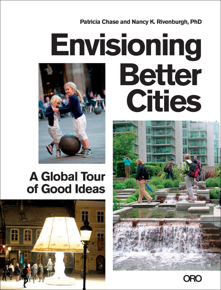 People standing on water fountain stones, illuminated table lamp, on white cover, Envisioning Better Cities in black font above