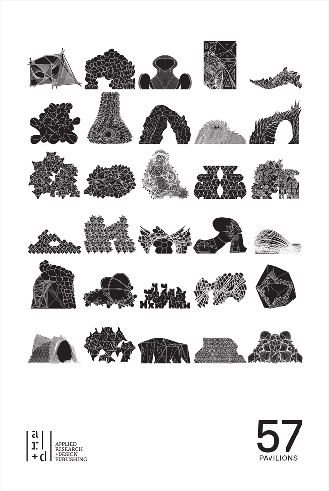 30 black geometric shapes in square formation, on white cover, 57 PAVILIONS in black font to bottom right