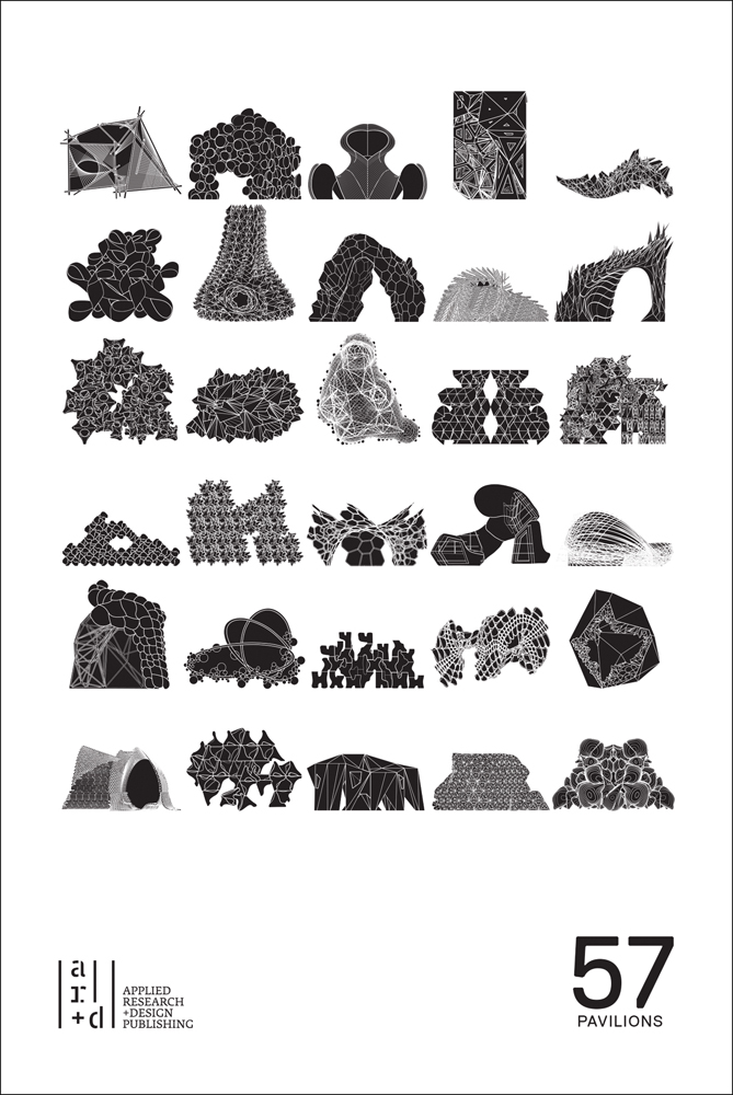 Book cover of 57 Pavilions, with thirty black geometric shapes in square formation. Published by ORO Editions.