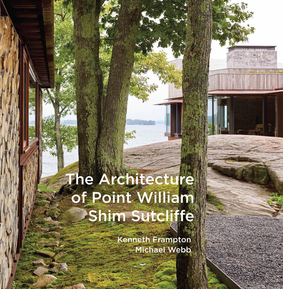 2 modern wooden buildings by Lake Muskoka, large trees and moss covered ground, The Architecture of Point William Shim Sutcliffe in white font to lower left.