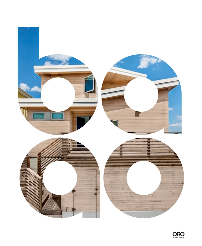 baao letters stencilled out on white cover, modern wood building showing in letter shapes, by ORO Editions.