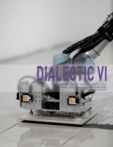 Electronic robot arm placing ceramic tile on surface, DIALECTIC VI in purple font on transparent central banner