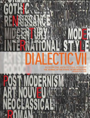 DIALECTIC VII in orange font on centre white transparent banner, list of creative styles in grey and red font behind.