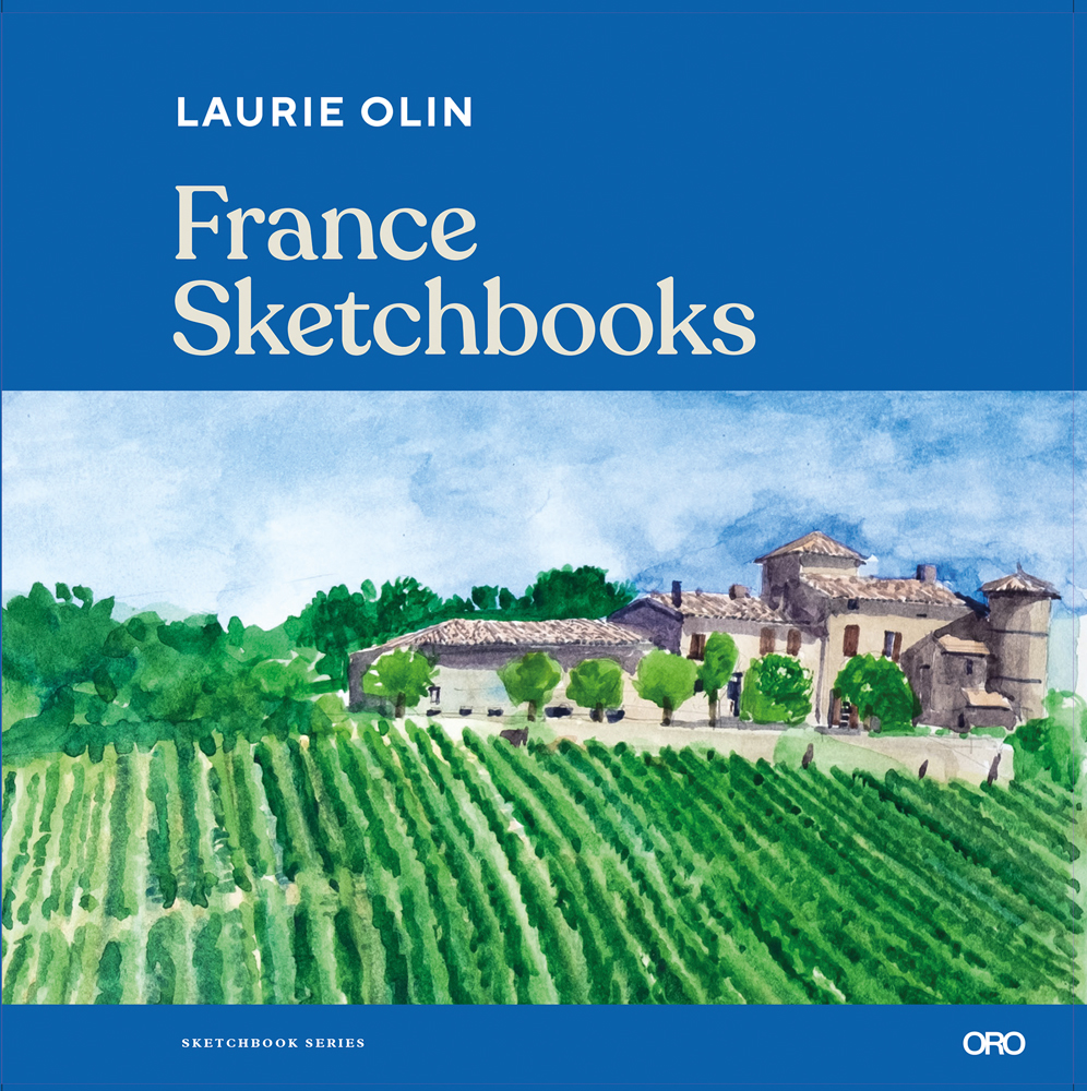 Painting of French landscape with stone house and lush green vineyard, France Sketchbooks in cream on top blue banner.