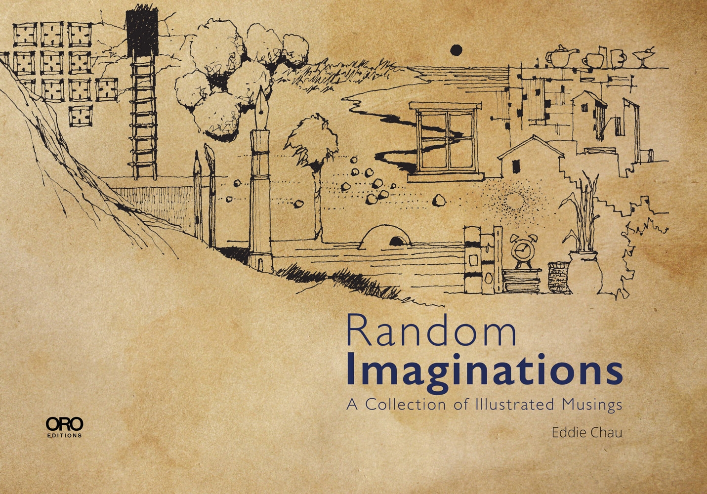 Architectural landscape sketch on sepia cover, Random Imaginations A Collection of Illustrated Musings in blue font to lower right
