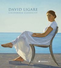 Book cover of David Ligare California Classicist, with a portrait of figure in white robe sitting in chair beside the sea. Published by Papadakis.