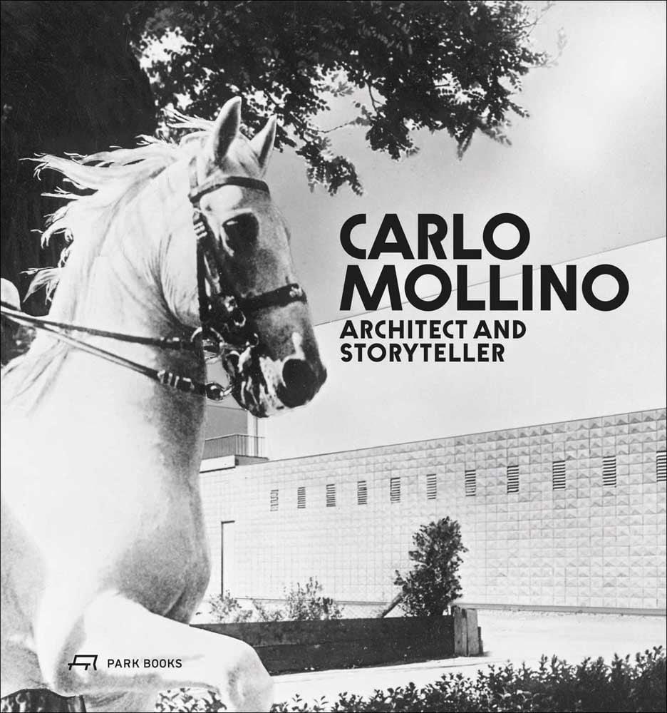 Black and white profile photo of head and neck of white horse with a modern architecture building and tree in background with Carlo Mollino Architect and Storyteller in black font