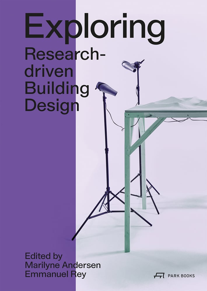 2 hairdryers on stands, pointing at white table top, Exploring Research-driven Building Design in black font to upper left, left edge purple banner