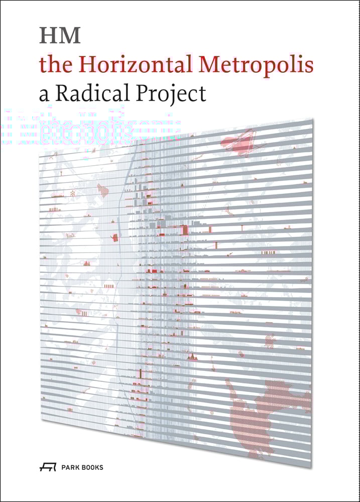 Horizontal lined square with spattered red marks, on white cover, the Horizontal Metropolis in red font above, Park Books below