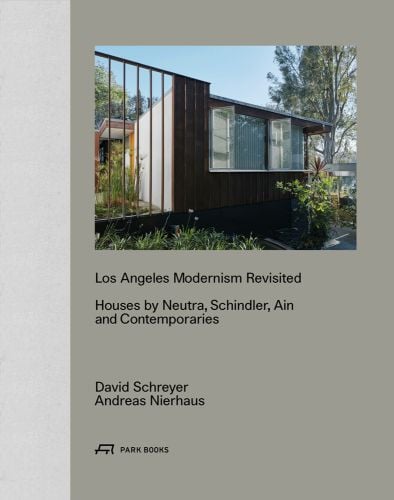 Modern flat roof building with glass panels, surrounding trees, on sage green cover, Los Angeles Modernism Revisited in black font below.