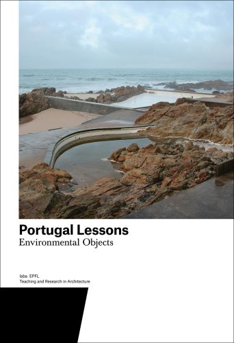 Seascape in Portugal with rocks, curved wall structures, Portugal Lessons Environmental Objects. in black font on white bottom banner