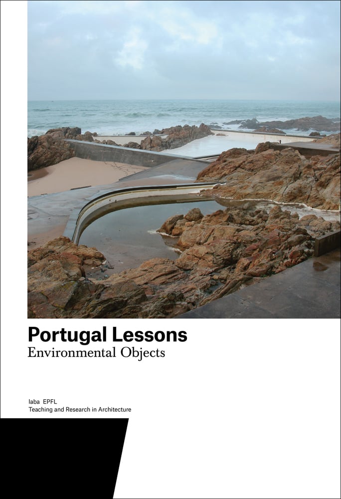 Seascape in Portugal with rocks, curved wall structures, Portugal Lessons Environmental Objects. in black font on white bottom banner