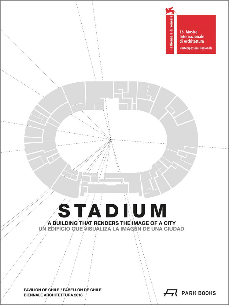 Aerial stadium diagram in grey, on white cover, STADIUM in black font to centre