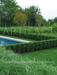Book cover of Artifact: The Art and Gardens of Jeff Mendoza, with a green landscaped garden with box hedging a grasses. Published by Pointed Leaf Press.