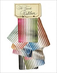 Book cover of The French Ribbon, with a card of striped ribbon samples. Published by Pointed Leaf Press.