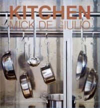 Book cover of Kitchen, with stainless steel pots and pans hanging on a pole. Published by Pointed Leaf Press.