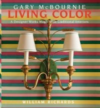Book cover of Living Color: A Designer Works Magic with Traditional Interiors, with a dual light fixture on striped wallpapered wall. Published by Pointed Leaf Press.