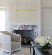 Book cover of Mark Epstein Designs, with an interior living room with a bucket chair and marble fireplace. Published by Pointed Leaf Press.