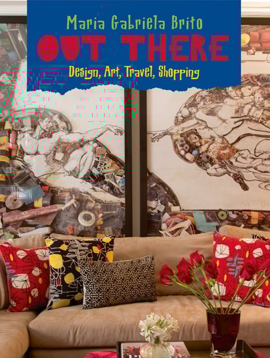 Book cover of Out There: Design, Art, Travel, Shopping, with a large sofa, and modern art on the wall behind. Published by Pointed Leaf Press.