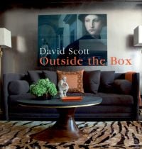 Book cover of Outside the Box: An Interior Designer's Innovative Approach, with an interior living room space with large sofa, animal print rug and large canvas portrait behind. Published by Pointed Leaf Press.