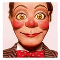 Book cover of Talking Heads: The Vent Haven Portraits, with a portrait of ventriloquist dummy with large eyes, and a wearing a red bow tie. Published by Pointed Leaf Press.